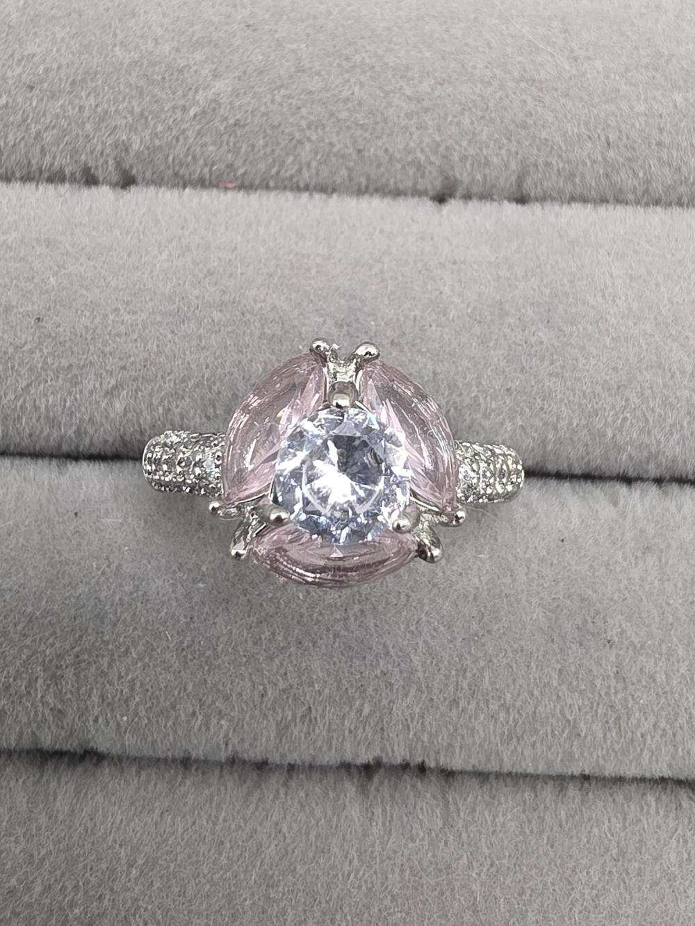 Sparkling Pink and Clear Crystal Floral Ring Size 6 1/4 - Women Jewelry